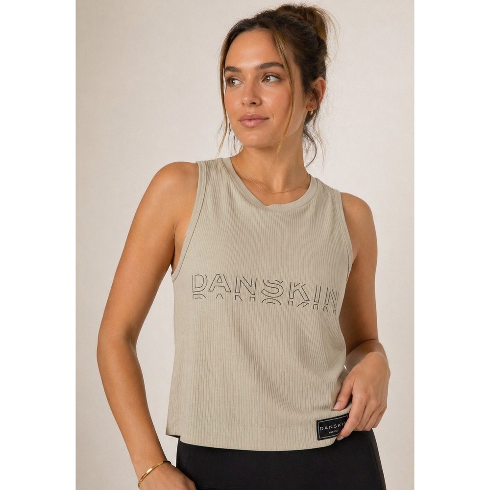 Danskin Ribbed Crop Tank Top Logo Front Stretch Athleisure L‎ Sport Yoga Workout